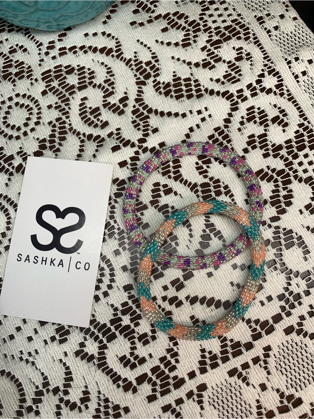 Turquoise/Peach/Silver & Pink/Purple/Silver/Aqua Beaded Bracelet Set